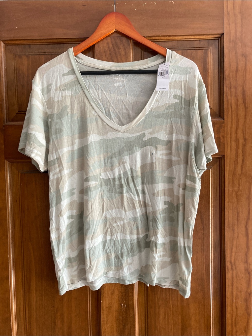 American Eagle Outfitters Light Green Camo V-Neck Tee